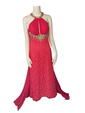 Dave & Johnny Pink Lace Halter Prom Dress Embellished Open Back Gown SIZE 1/2